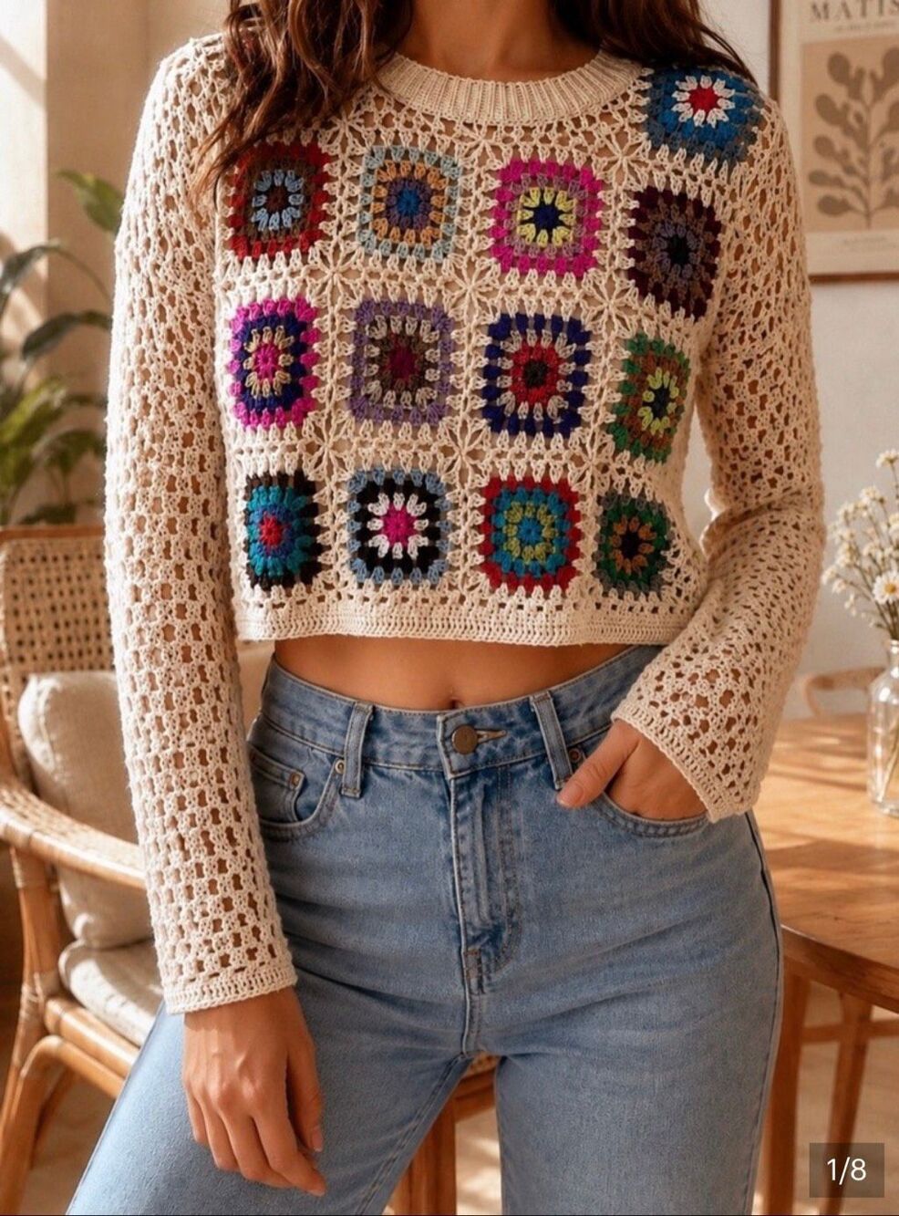 LUNA IVY Granny Square Crochet Cropped Sweater-XS